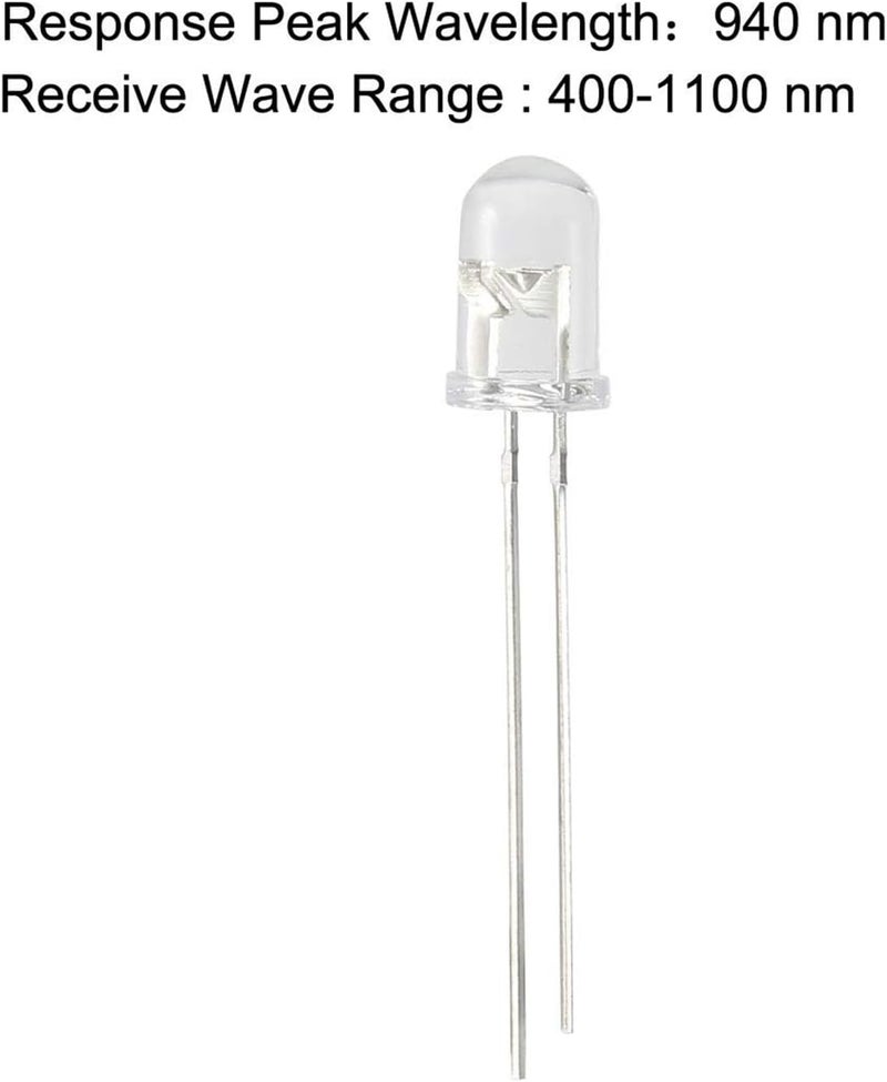 hiBCTR 20Pcs PT334-6C 5mm Phototransistor Light Sensor - 400-1000nm Wavelength Range, 15-20mA Sensitivity for Optical Switches/Arduino Projects (Clear Round F5 3V) - Image 3